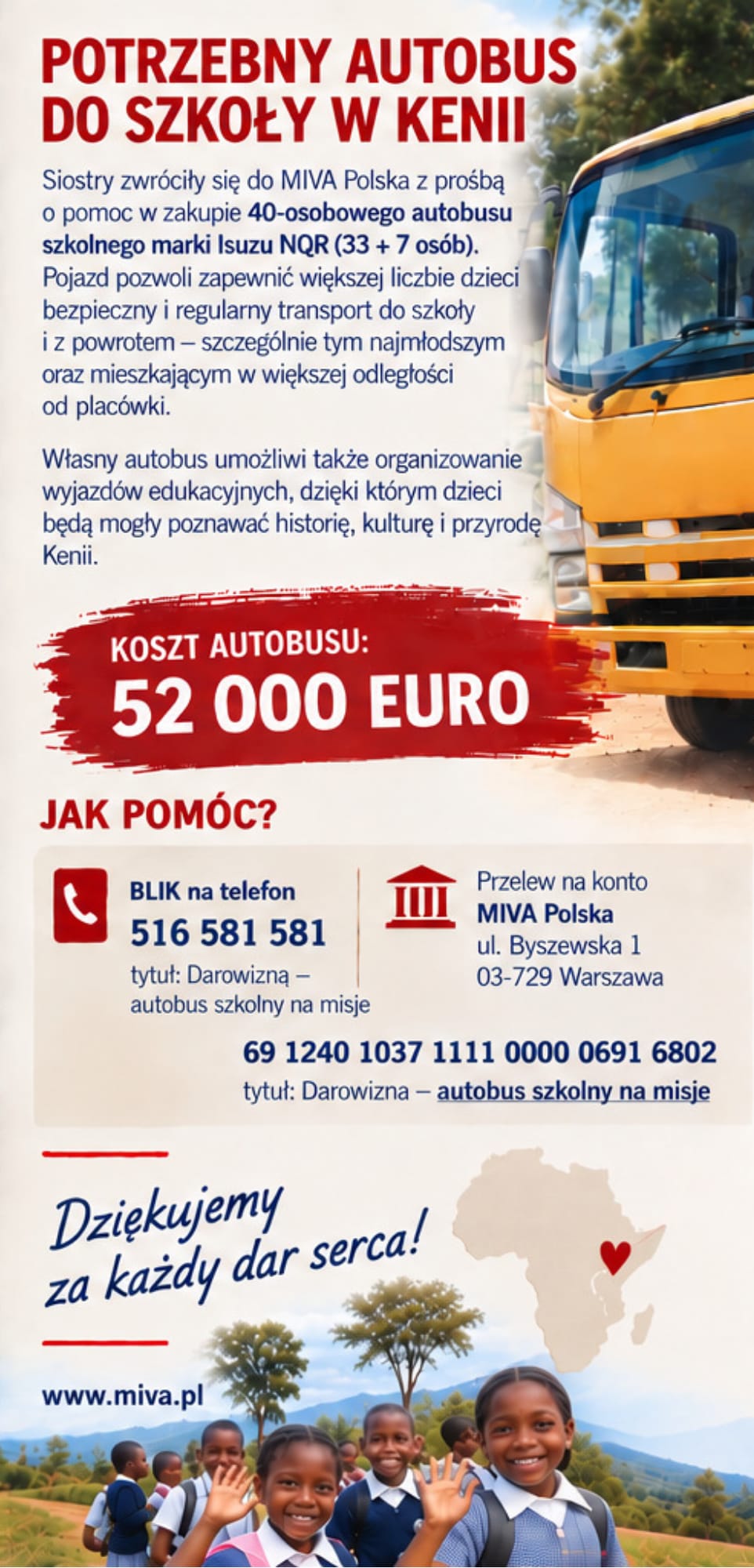 MIVA Polska – zbiórka 52 tysięcy euro na autobus szkolny w Kenii oraz dane do wpłat
