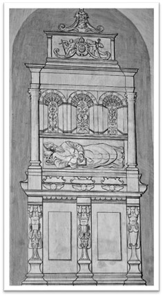 Rysunek rekonstrukcji pomnika abpa Uchańskiego w katedrze łowickiej dzięki zachowanym elementom w Arkadii