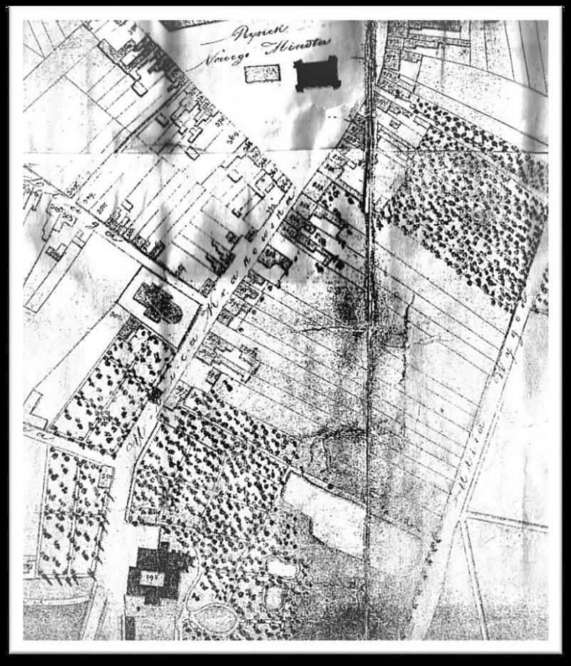 Fragment planu Łowicza z 1823-24. Układ ulicy Stanisławskiego (poprzednio zwanej ulicą Krakowską) i obiektów; klasztoru Bernardynów, kościoła pw. Świętego Ducha i rynku Nowego Miasta z zabudową