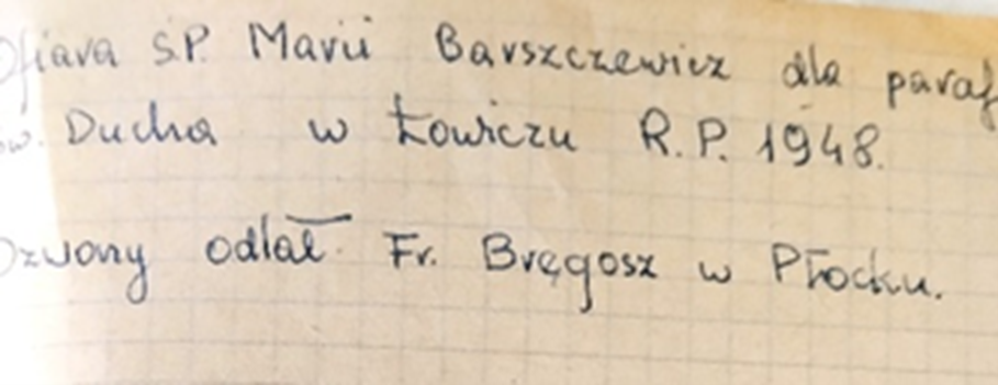 Wpis w kronice parafii pw. Świętego Ducha o fundatorce dzwonów