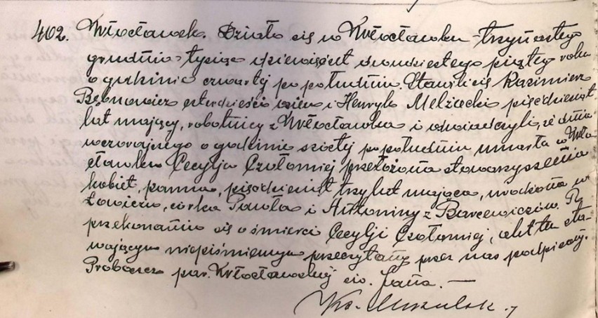 Akt zgonu z 1925 r. Cecylii Czołomiej spisany w kościele parafialnym przez proboszcza we Włocławku.