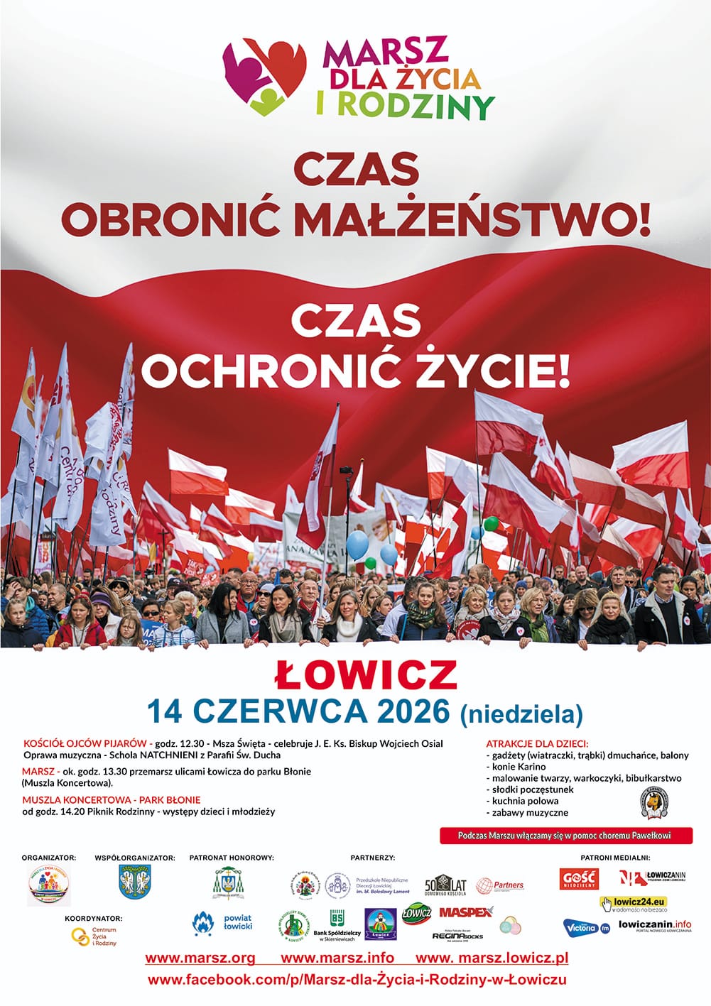Plakat zapraszający na Marsz dla Życia i Rodziny w Łowiczu, który odbędzie się 14 czerwca 2026 roku. W programie Msza Święta w kościele Ojców Pijarów, przemarsz ulicami miasta oraz rodzinny piknik na łowickich Błoniach.