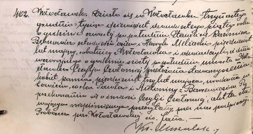 Akt zgonu z 1925 r. Cecylii Czołomiej spisany w kościele parafialnym przez proboszcza we Włocławku.
