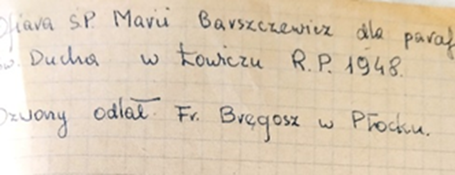 Wpis w kronice parafii pw. Świętego Ducha o fundatorce dzwonów